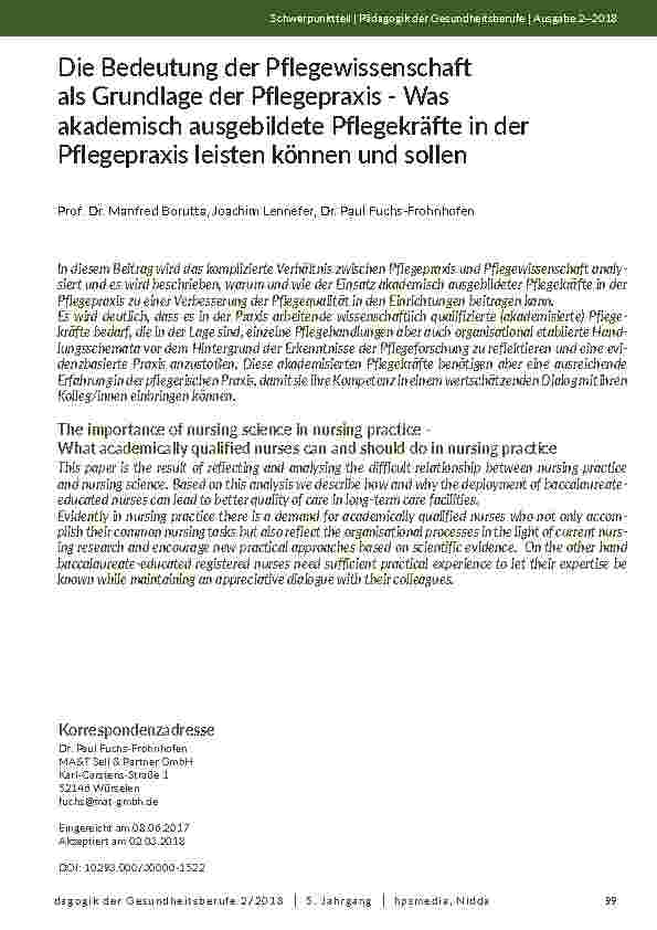 [doc_202065] Die Bedeutung der Pflegewissenschaft als Grundlage der Pflegepraxis - Was akademisch ausgebildete Pflegekräfte in der Pflegepraxis leisten können und sollen