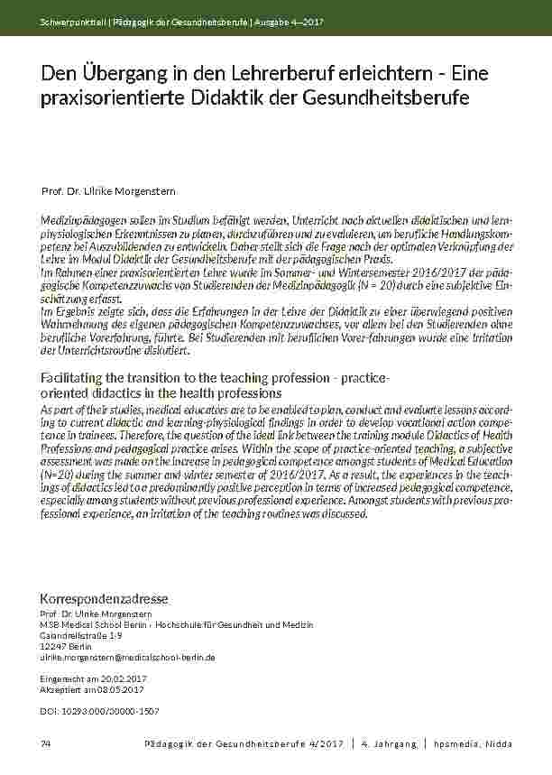 [doc_202048] Den Übergang in den Lehrerberuf erleichtern - Eine praxisorientierte Didaktik der Gesundheitsberufe