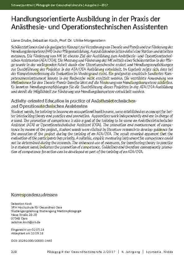 [doc_202037] Handlungsorientierte Ausbildung in der Praxis der Anästhesieund Operationstechnischen Assistenten