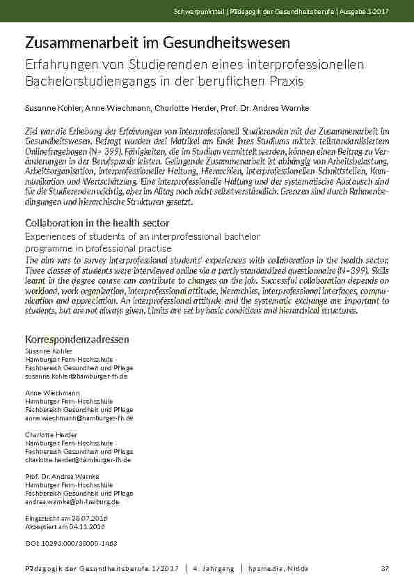 [doc_202011] Zusammenarbeit im Gesundheitswesen. Erfahrungen von Studierenden eines interprofessionellen Bachelorstudiengangs in der beruflichen Praxis