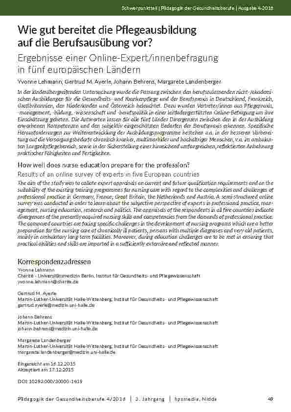[doc_202001] Wie gut bereitet die Pflegeausbildung auf die Berufsausübung vor? Ergebnisse einer Online-Expert/innenbefragung in fünf europäischen Ländern