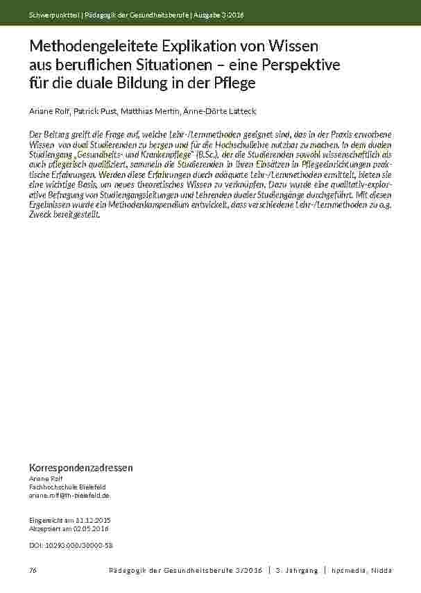 [doc_201991] Methodengeleitete Explikation von Wissen aus beruflichen Situationen – eine Perspektive für die duale Bildung in der Pflege