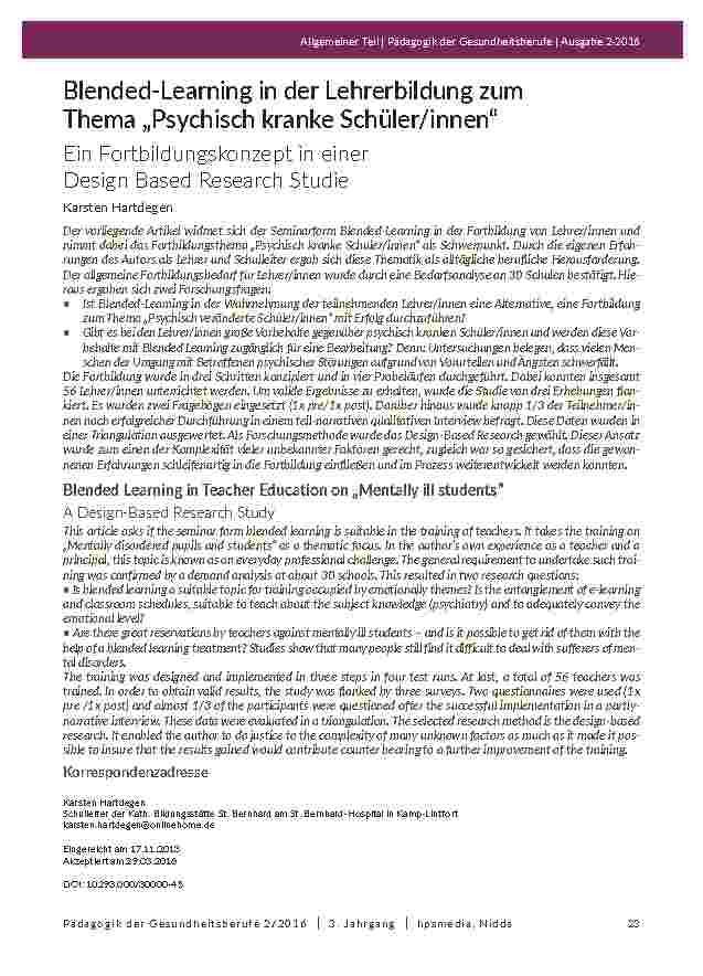 [doc_201974] Blended-Learning in der Lehrerbildung zum Thema „Psychisch kranke Schüler/innen“. Ein Fortbildungskonzept in einer Design Based Research Studie