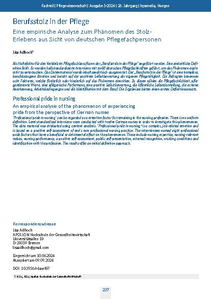 [doc_321576] Berufsstolz in der Pflege: Eine empirische Analyse zum Phänomen des Stolzerlebens aus Sicht von deutschen Pflegefachpersonen