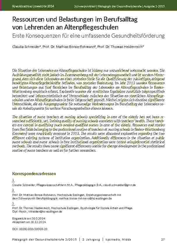 [doc_201921] Ressourcen und Belastungen im Berufsalltag von Lehrenden an Altenpflegeschulen - Erste Konsequenzen für eine umfassende Gesundheitsförderung