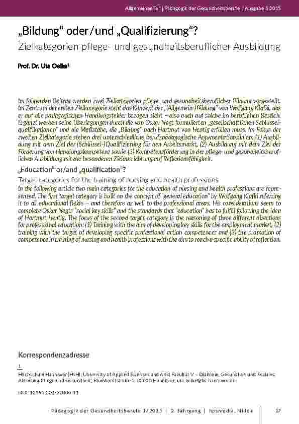 [doc_201913] „Bildung“ oder / und „Qualifizierung“? Zielkategorien pflegeund gesundheitsberuflicher Ausbildung