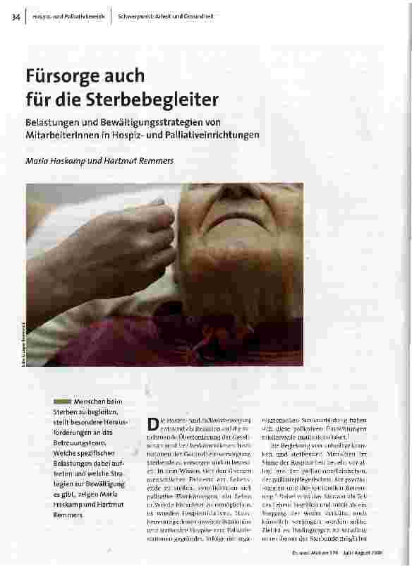 [doc_105128] Fürsorge auch für die SterbebegleiterBelastungen und Bewältigungsstrategien von Mitarbeiterinnen in Hospiz-und Palliativeinrichtungen