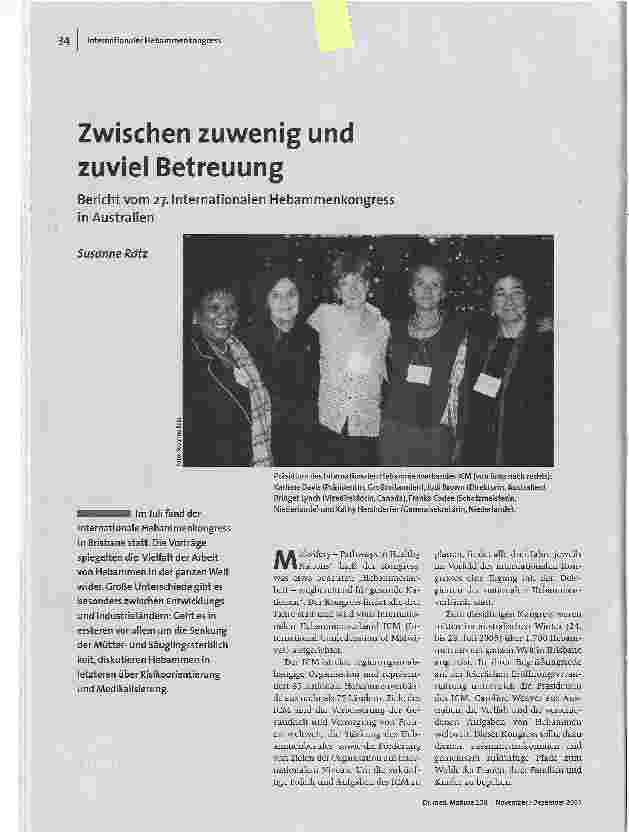 [doc_87740] Zwischen zuwenig und zuviel BetreuungBericht vom 27. Internationalen Hebammenkongress in Australien