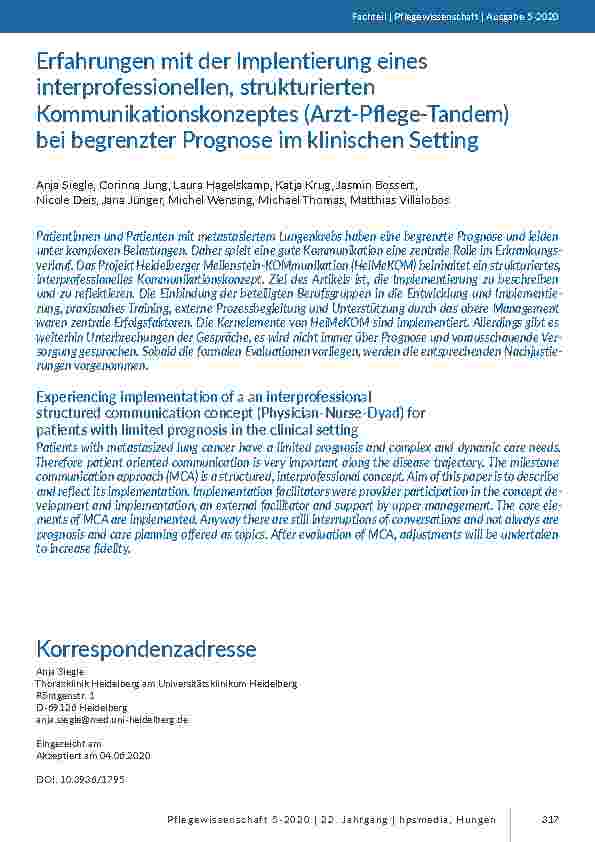 [doc_205612] Erfahrungen mit der Implementierung eines interprofessionellen, strukturierten Kommunikationskonzeptes (Arzt-Pflege-Tandem) bei begrenzter Prognose im klinischen Setting