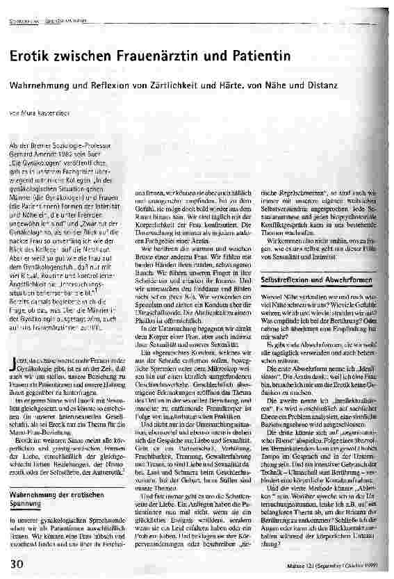 [doc_50941] Erotik zwischen Frauenärztin und Patientin Wahrnehmung und Reflexion von Zärtichkeit und Härte, von Nähe und Distanz