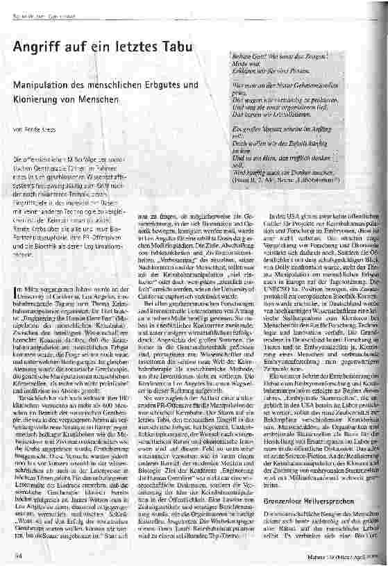 [doc_49223] Angriff auf ein letztes Tabu Manipulation des menschlichen Erbgutes und Klonierung von Menschen