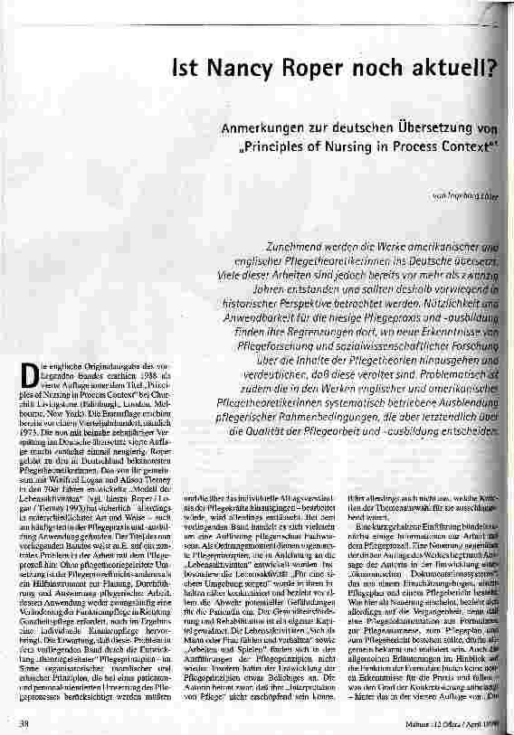 [doc_44906] Ist Nancy Roper noch aktuell? Anmerkung zur Übersetzung von Priciples of Nursing in Process Context