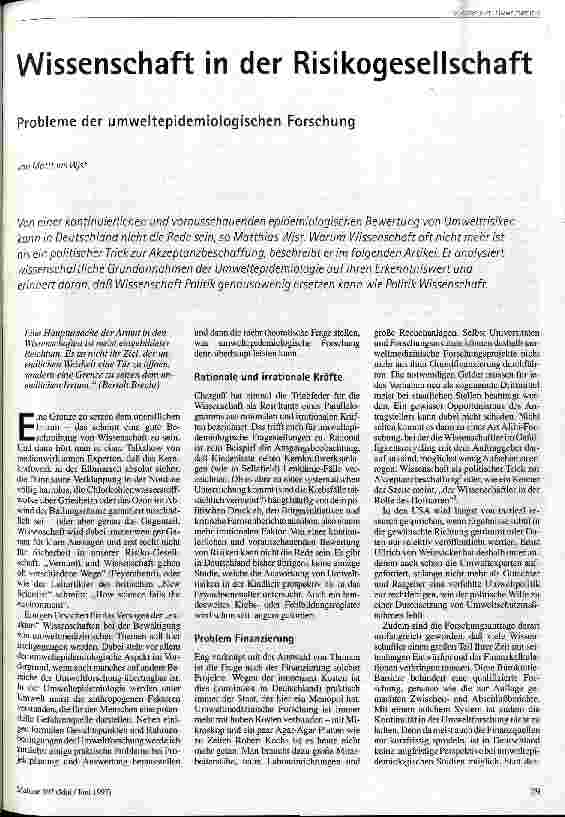 [doc_41561] Wissenschaft in der Risikogesellschaft Probleme der umweltepidemiologischen Forschung