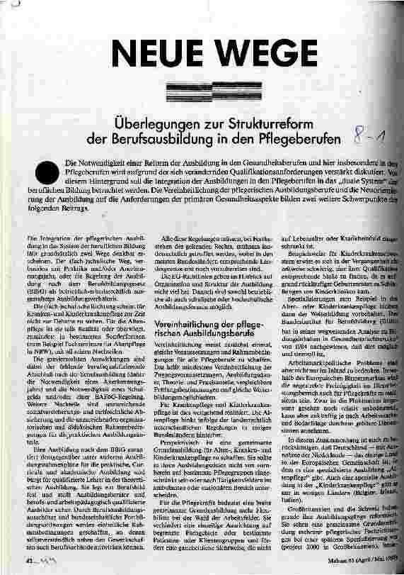 [doc_29370] Neue Wege Überlegungen zur Strukturreform der Berufsausbildung in den Pflegeberufen
