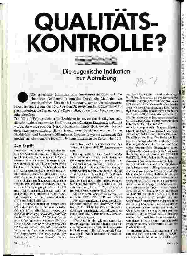 [doc_21720] Qualtitätskontrolle? Die eugenische Indikation zur Abtreibung