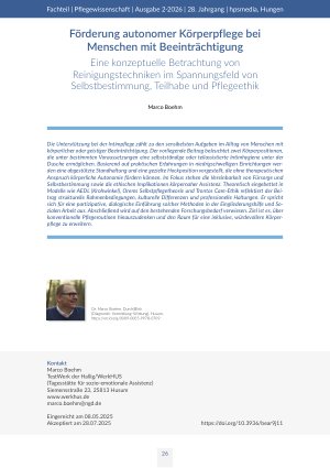 [doc_582129] Förderung autonomer Körperpflege bei Menschen mit Beeinträchtigung. Eine konzeptuelle Betrachtung von Reinigungstechniken im Spannungsfeld von Selbstbestimmung, Teilhabe und Pflegeethik