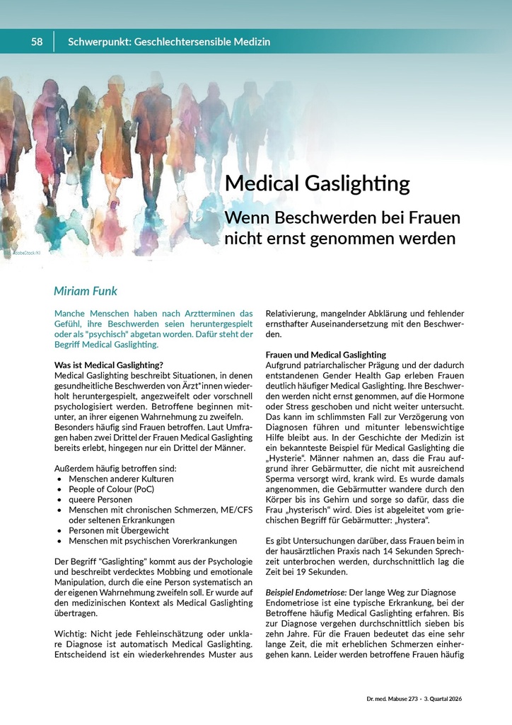 [doc_772513] Medical Gaslighting: Wenn Beschwerden bei Frauen nicht ernst genommen werden – Zeitschrift für alle Gesundheitsberufe