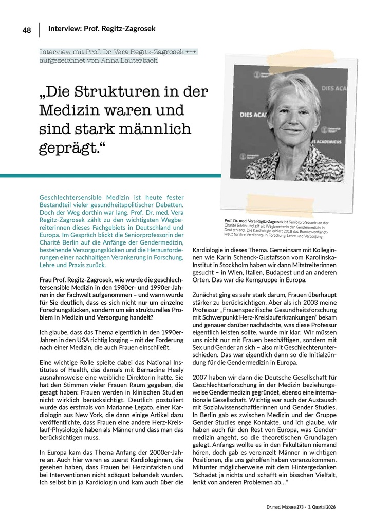 [doc_772511] Interview mit Prof. Dr. Vera Regitz-Zagrosek: „Die Strukturen in der Medizin waren und sind stark männlich geprägt.“ – Zeitschrift für alle Gesundheitsberufe