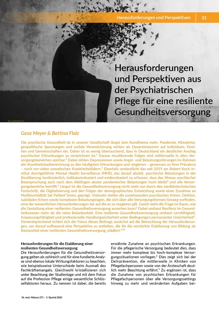 [doc_772507] Herausforderungen und Perspektiven aus der psychiatrischen Pflege für eine resiliente Gesundheitsversorgung – Zeitschrift für alle Gesundheitsberufe