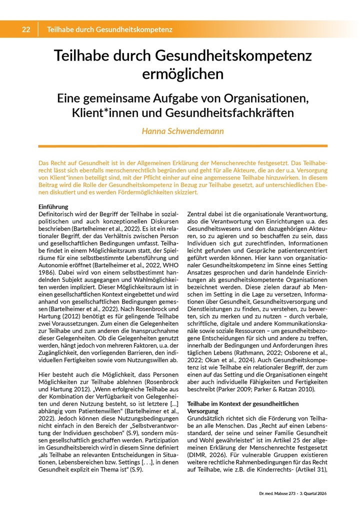 [doc_772505] Teilhabe durch Gesundheitskompetenz ermöglichen: Eine gemeinsame Aufgabe von Organisationen, Klient*innen und Gesundheitsfachkräften – Zeitschrift für alle Gesundheitsberufe