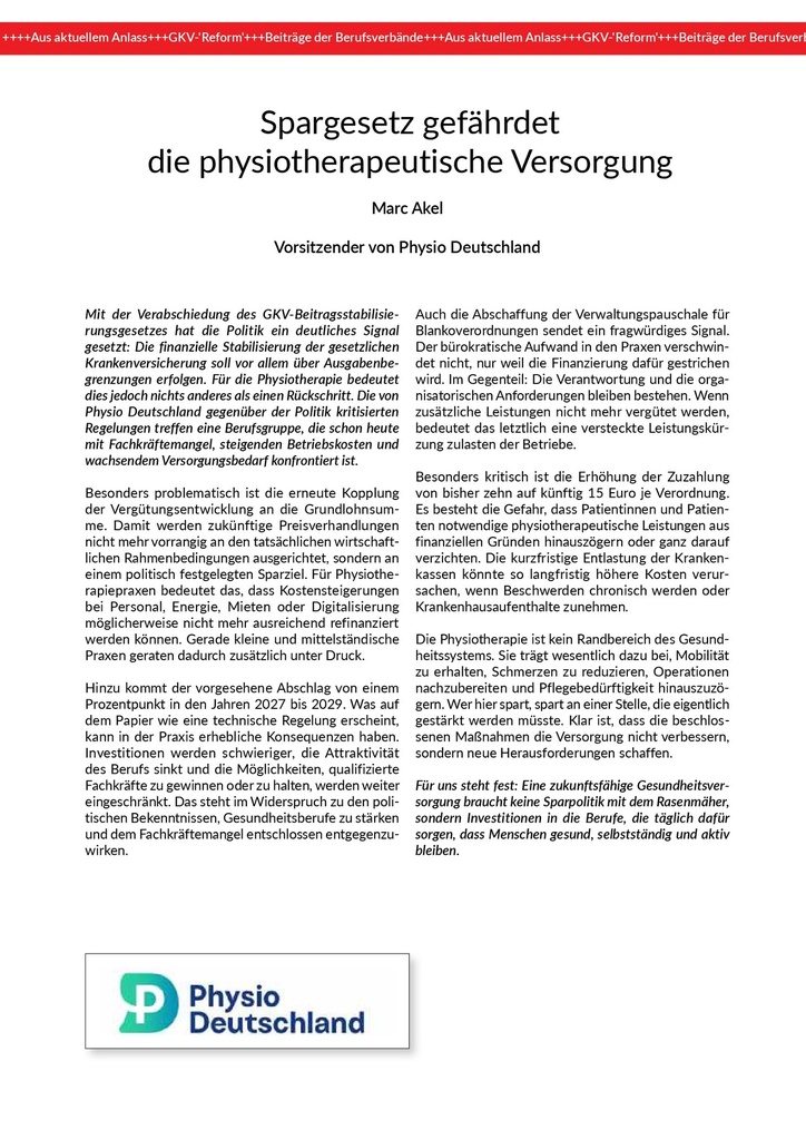 [doc_772502] Spargesetz gefährdet die physiotherapeutische Versorgung – Zeitschrift für alle Gesundheitsberufe