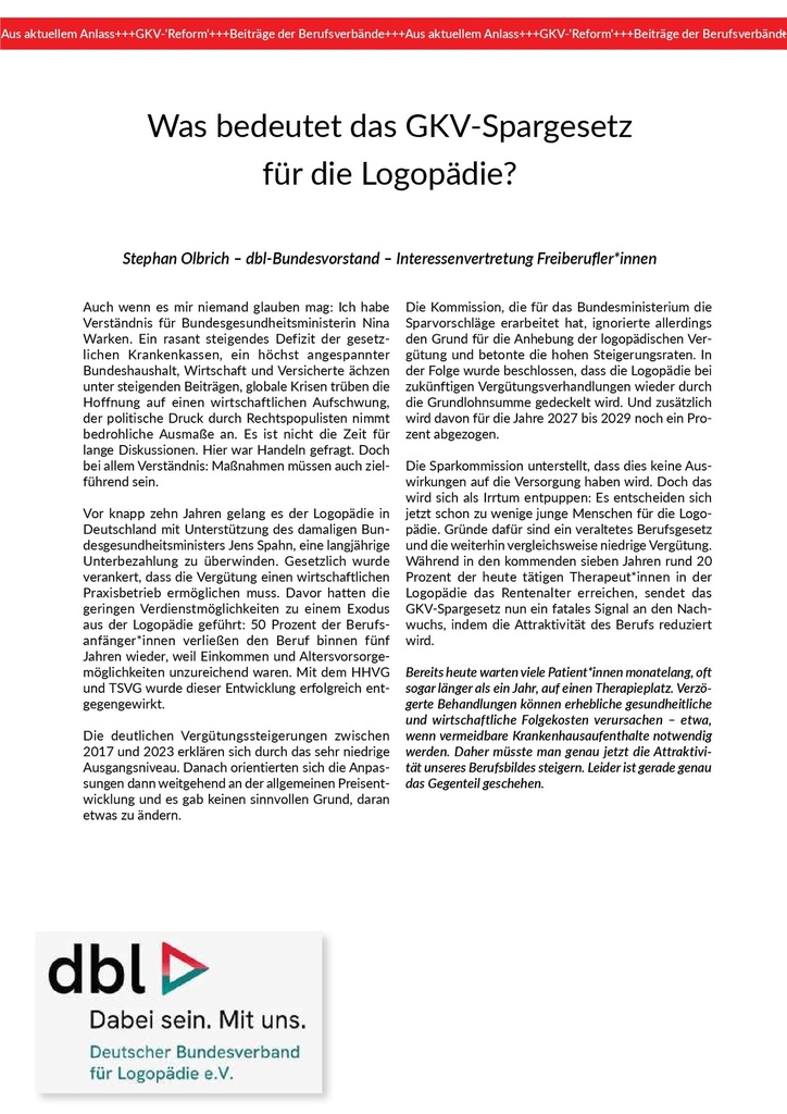 Was bedeutet das GKV-Spargesetz für die Logopädie? – Zeitschrift für alle Gesundheitsberufe