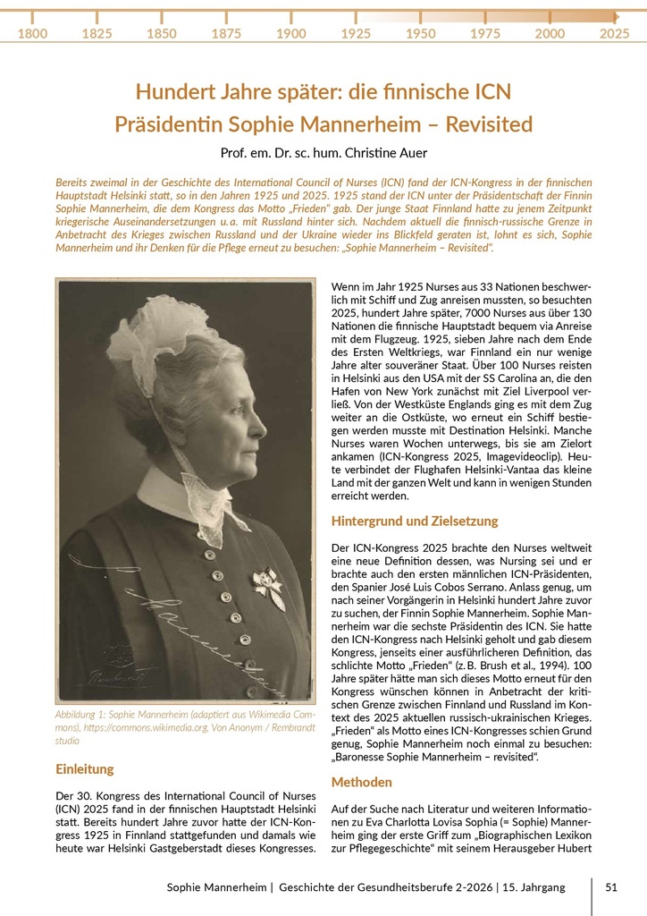 Hundert Jahre später: Die finnische ICN-Präsidentin Sophie Mannerheim – Revisited – Das Journal für historische Forschung der Pflege- und Gesundheitsberufe