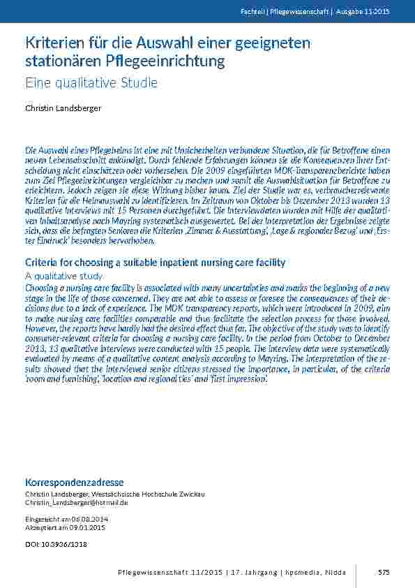 [doc_201449] Kriterien für die Auswahl einer geeigneten stationären Pflegeeinrichtung - Eine qualitative Studie