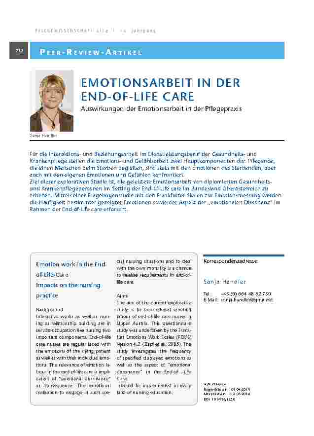 [doc_201341] EMOTIONSARBEIT IN DER END-OF-LIFE CARE. Auswirkungen der Emotionsarbeit in der Pflegepraxis